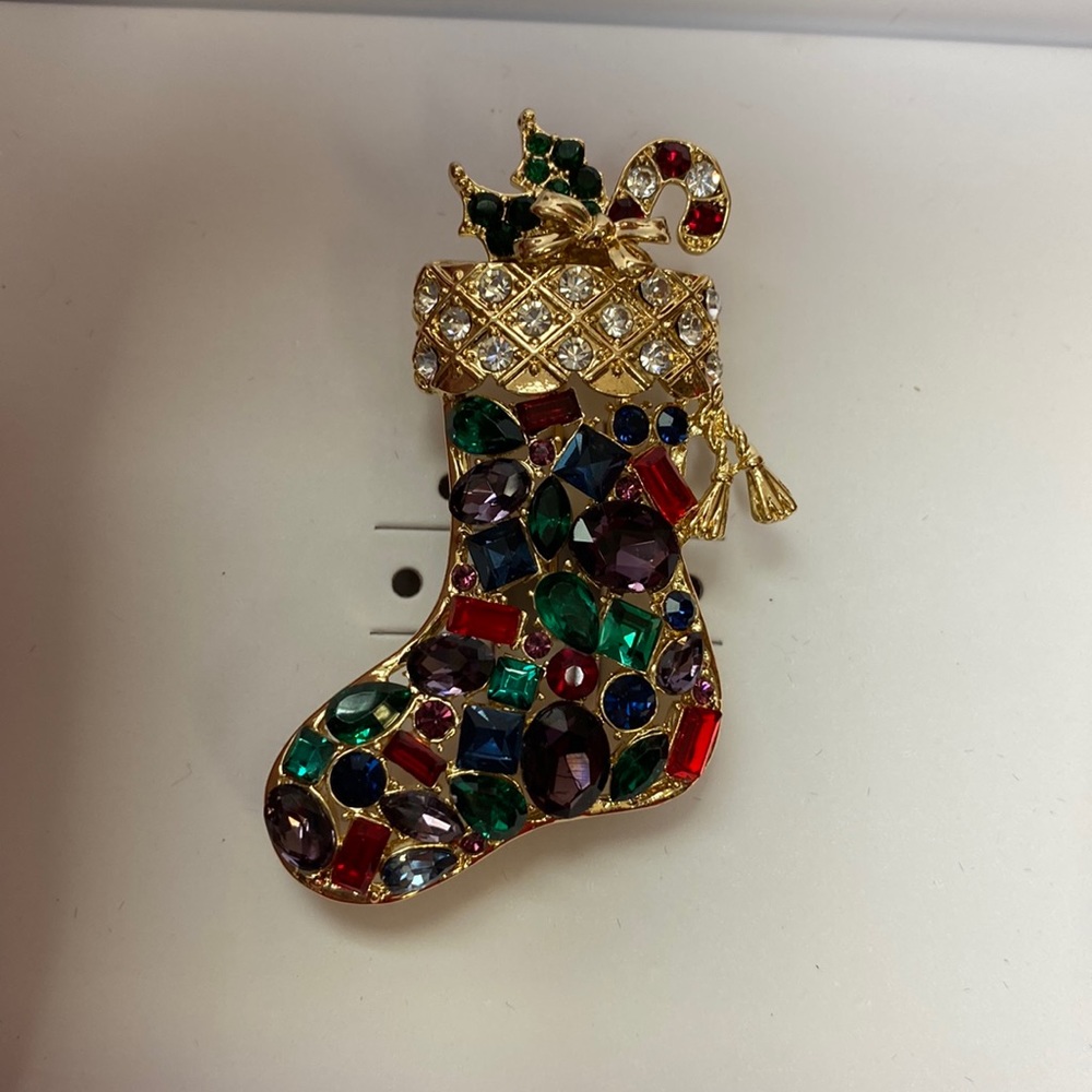 Sparkly holiday stocking brooch pin